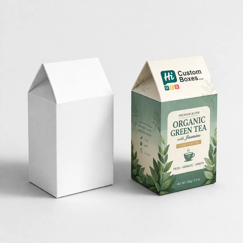 Gable-top tea boxes for wholesale featuring a plain white version and a green organic blend. class=